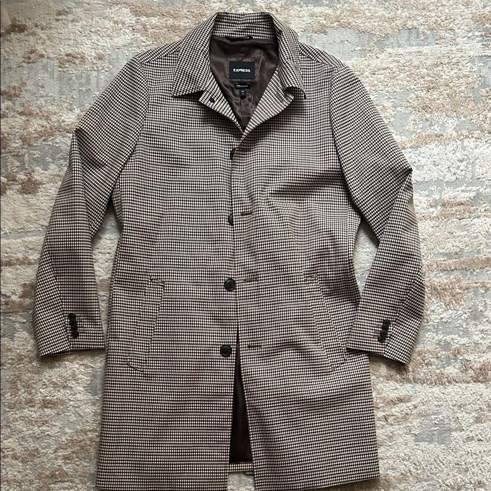 Express Men's Black/Brown/White Houndstooth Top Coat - Size Medium